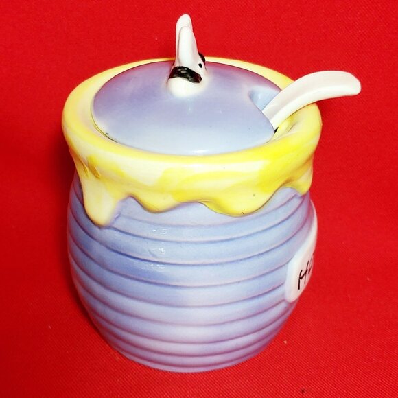 Honey Bee Honey Jar Porcelain Serving Spoon Blue Yellow Painted Ceramic - Picture 6 of 13